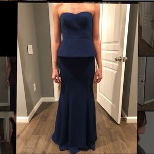 Aidan by Aidan Mattox navy peplum gown strapless